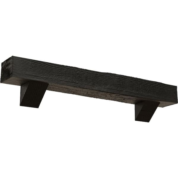 Ekena Millwork 8 in. x 10 in. x 7 ft. Rough Sawn Faux Wood Fireplace Mantel Kit, Breckinridge Corbels, Burnished Cedar