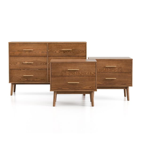 Riverstone 3-Piece Walnut 2-Drawer 23 in. W Nightstand and Dresser With Anti-Tip Interlock System Set of 2
