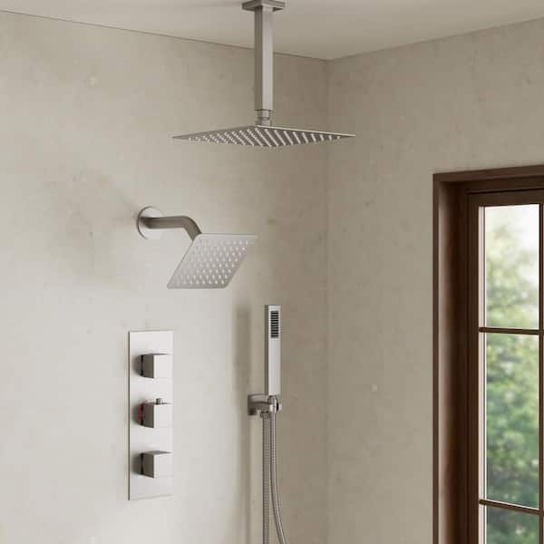 Rainspire 5-Spray 12 in. and 6 in. Ceiling Mount Square High Pressure Shower System with Valve in Brushed Nickel