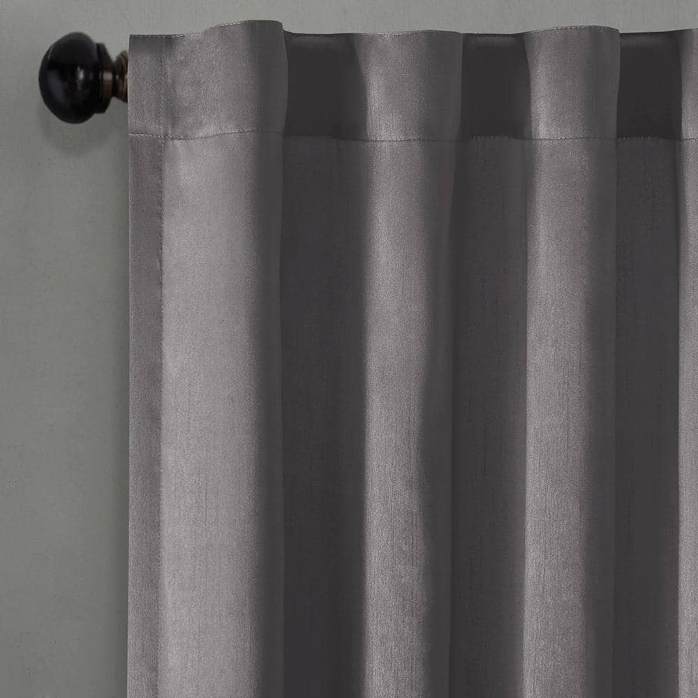 Gray Faux Silk Embroidered Puddle Length Curtain Panel