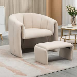 Modern Upholstered Beige Velvet Accent Arm Chair with Ottoman