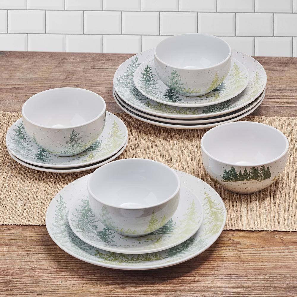 Tranquil Trails White Ceramic 12-Piece Dinnerware Set, Service for 4