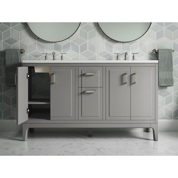 KOHLER Seer 60.12in. Double Sink Freestanding Mohair Grey Bath Vanity with White Quartz Top Assembled