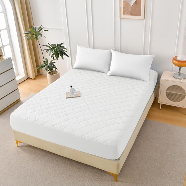 White Polyester Protector Diamond Grid Ultrasonic Waterproof Quilted Fitted Sheet-Size T
