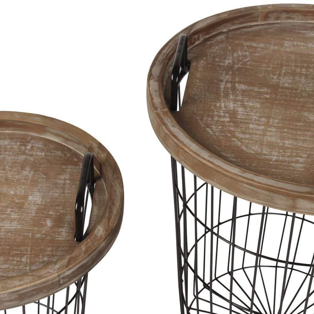 Rustic Brown and Black Round Wood & Metal Nesting End Tables, 2-Piece Set