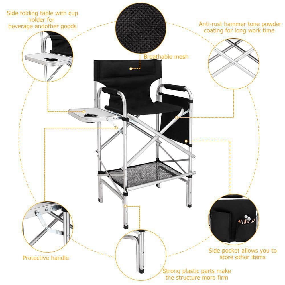 Black Tall Folding Directors Chair with Aluminum Frame and Storage Bag