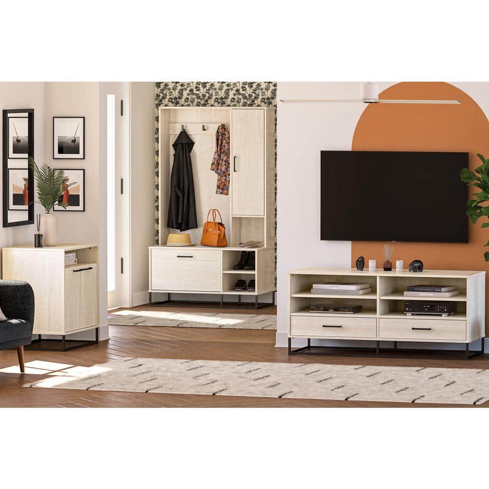White Engineered Wood TV Stand with Adjustable Shelves and Metal Handles