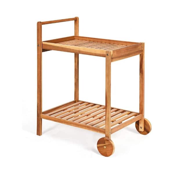 33 in. x 25 in. Brown Wood Outdoor Rolling Serving Cart with Handle