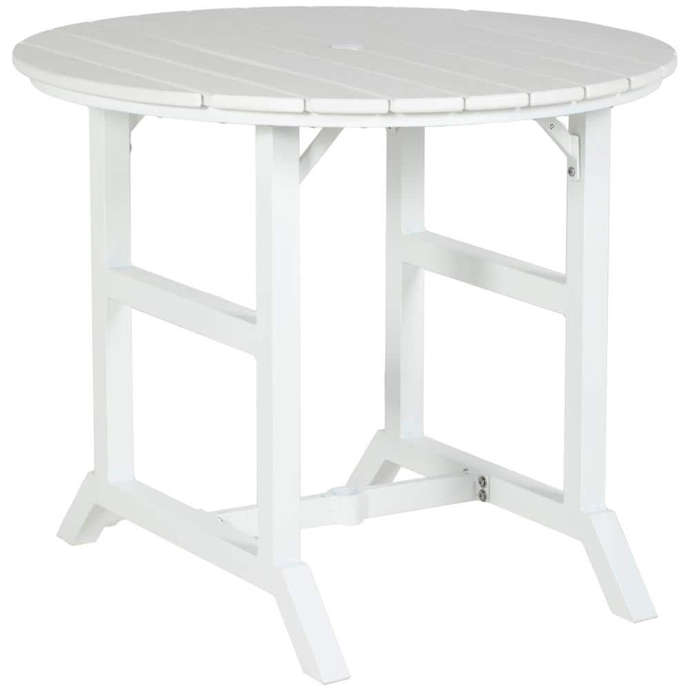 Round Patio Table with Umbrella Hole, White, Aluminum Outdoor Dining Table 