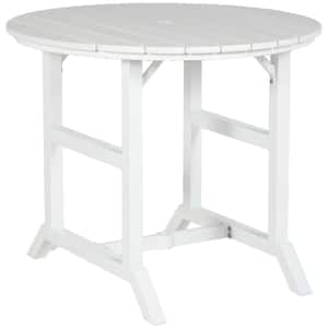 Round Patio Table with Umbrella Hole, White, Aluminum Outdoor Dining Table with Extension for 4 People