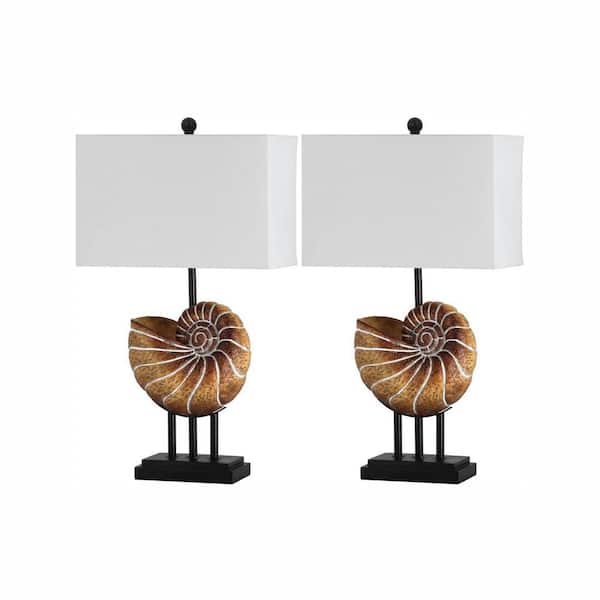 SAFAVIEH Nautilus Shell 28 in. Brown Table Lamp with White Shade (Set of 2)