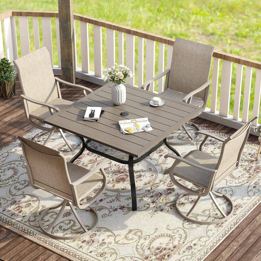 5-Piece Metal Outdoor Dining Set with 37.8 in. Gray Wood-Like Square Table and 4 Sandshell Swivel Patio Dining Chairs price history on PriceWatchPro