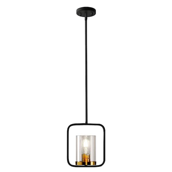 60-Watt 1-Light Black Lantern Pendant Light with RectangleClear Glass Shade for Kitchen Island and No Bulbs Included
