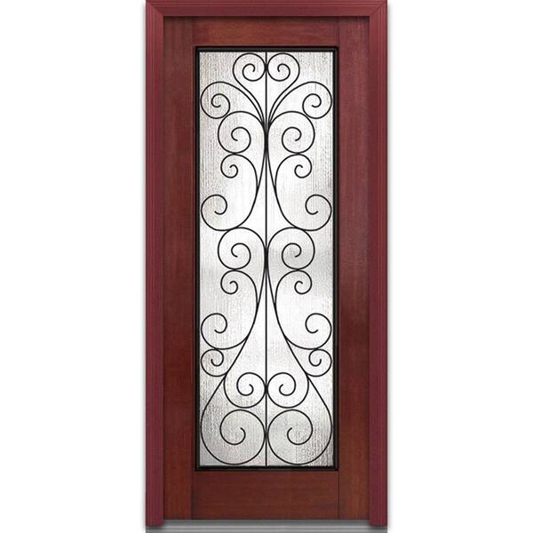 MMI Door 32 in. x 80 in. Camelia Left-Hand Inswing Full Lite Decorative Midcentury Stained Fiberglass Mahogany Prehung Front Door