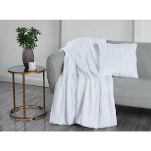 Faux Fur Stripe White Plush Throw Blanket and Pillow Gift Set of 1