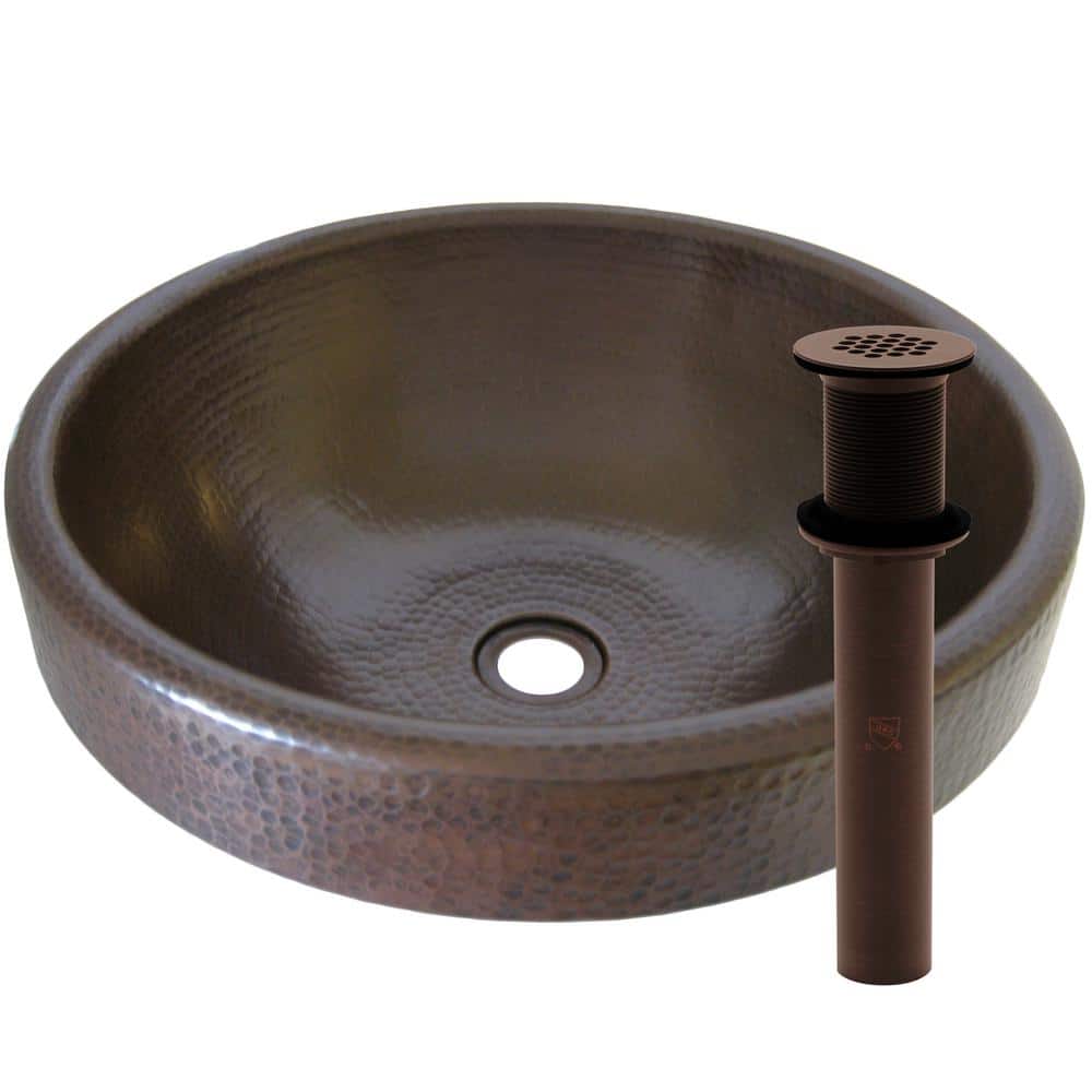 Novatto Granada Round Drop-In Copper Bathroom Sink in Antique and Oil Rubbed Bronze Strainer Drain, Antique copper -  TCU-014ANORB