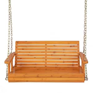 2-Person Solid Wood Porch Swing with Hanging Chains in Natural