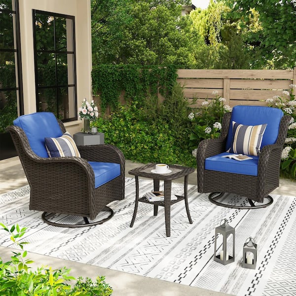 XIZZI Erie Lake 3-Piece Brown Wicker Outdoor Rocking Chair Set with Navy Blue Cushions