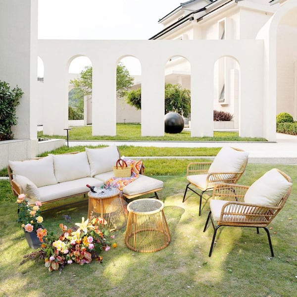 FINCATI 6 Piece Boho Outdoor Furniture Beige Wicker Small Size Patio Conversation Sofa Set with Round Ice Bucket and Table