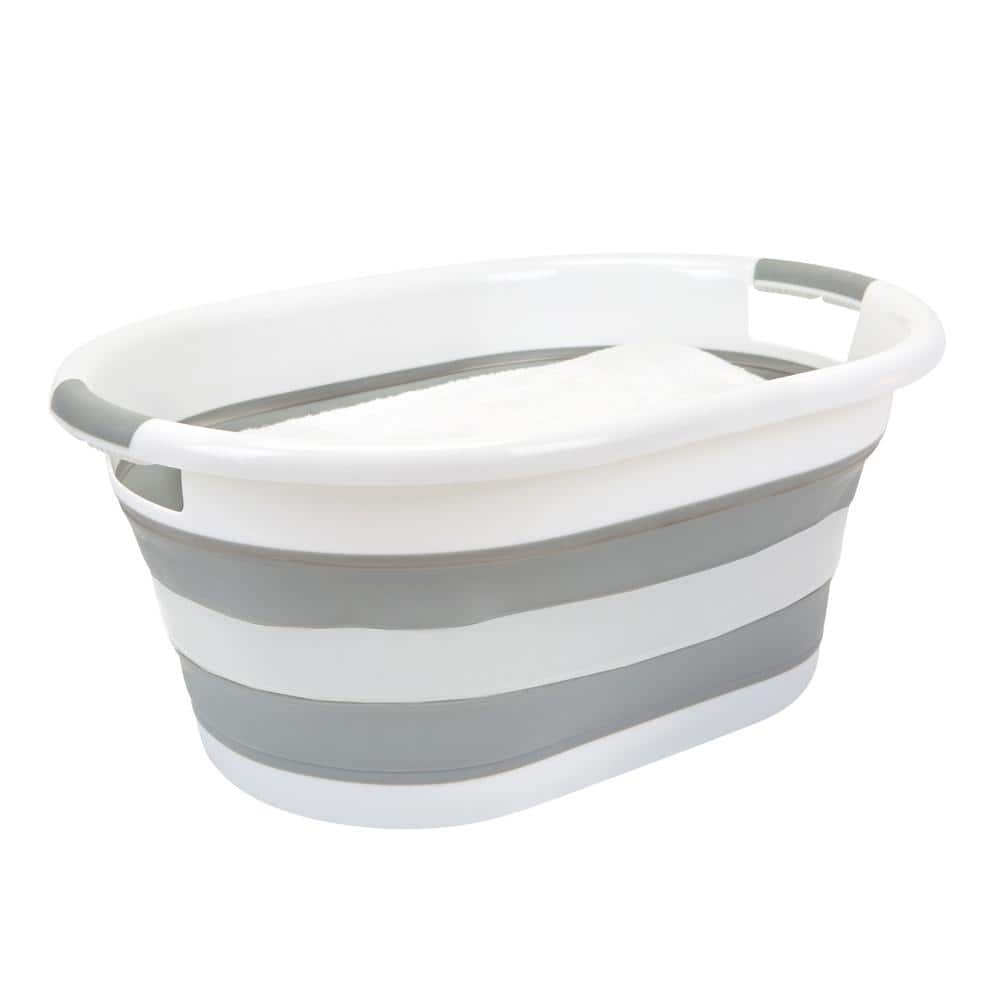 Simplify Large White and Gray Collapsible Plastic Laundry Basket