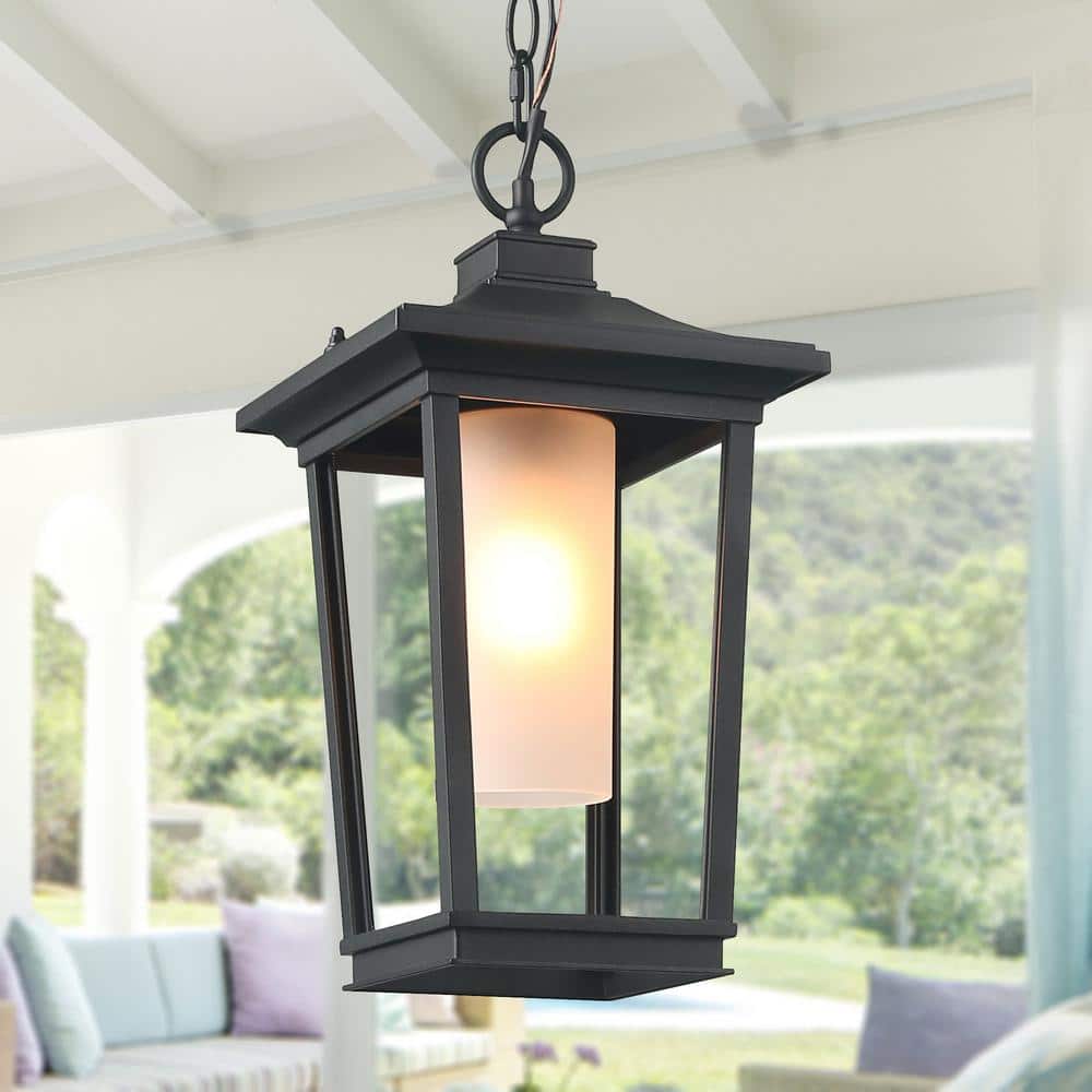 LNC Craftsman 1-Light Black Modern Outdoor Hanging Lantern with Frosted ...
