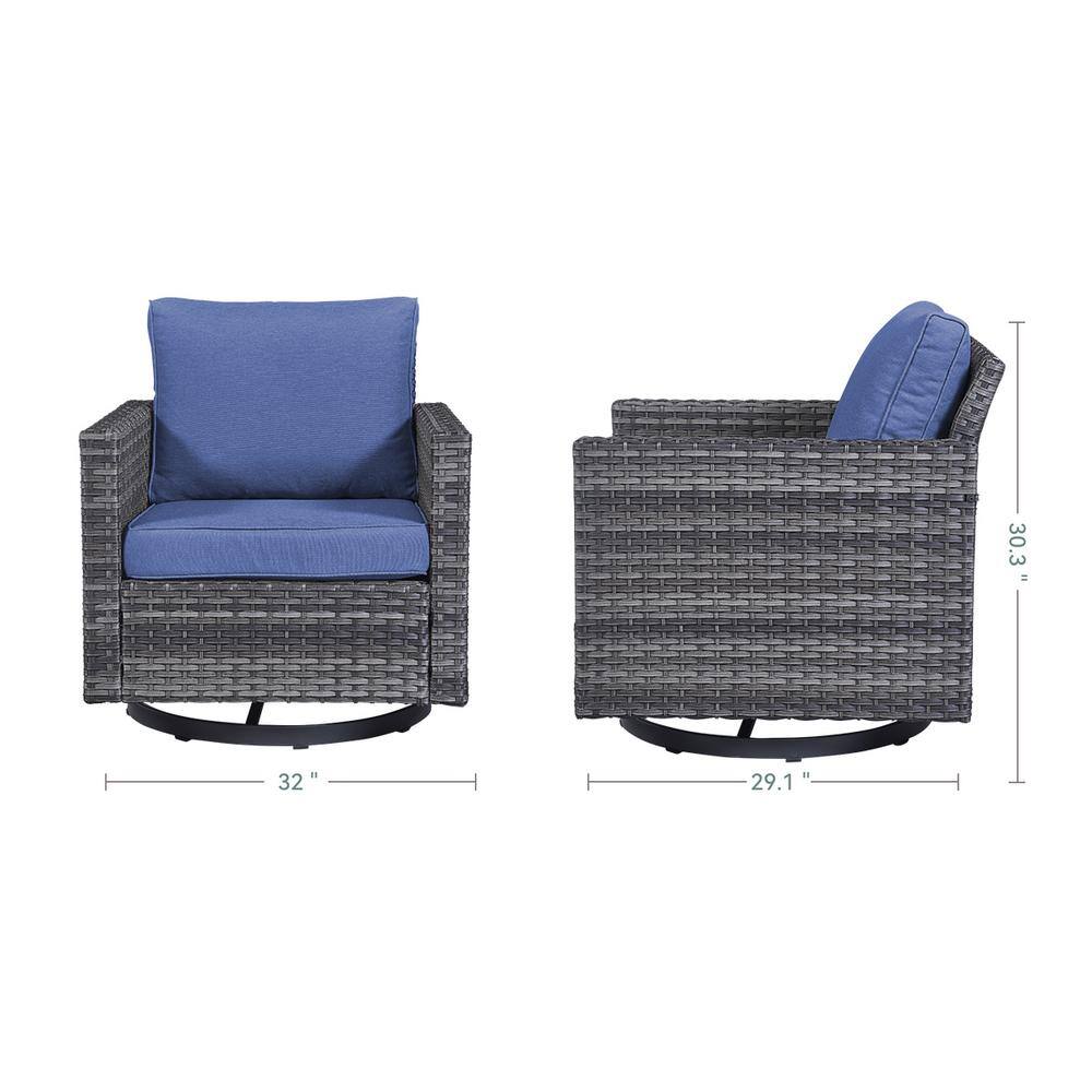 Gray Wicker Outdoor Swivel Rocking Armchairs with Blue Cushions