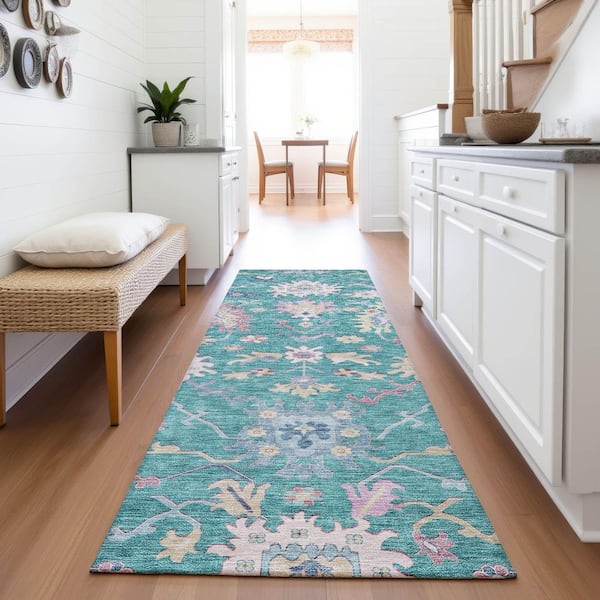 Mayfield Premium Machine Washable Abstract AMF1154 Teal 2 ft. 3 in. x 7 ft. 6 in. Runner Rug