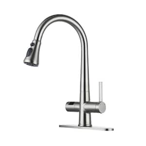 3-Spray Patterns Single Handle Pull Down Sprayer Kitchen Faucet with Deckplate and Water Supply Hoses in Brushed Nickel