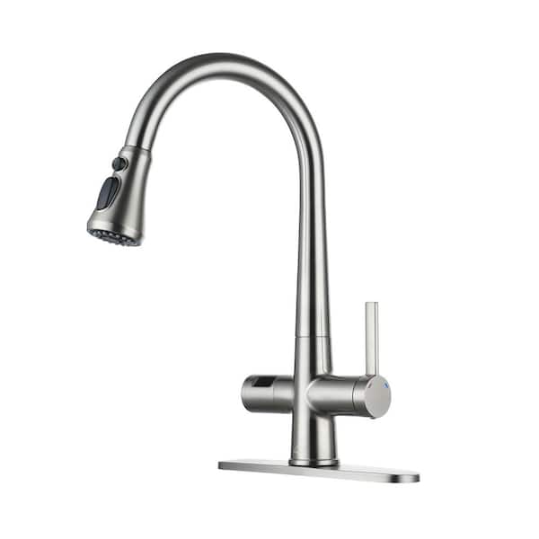 Boyel Living 3-Spray Patterns Single Handle Pull Down Sprayer Kitchen Faucet with Deckplate and Water Supply Hoses in Brushed Nickel