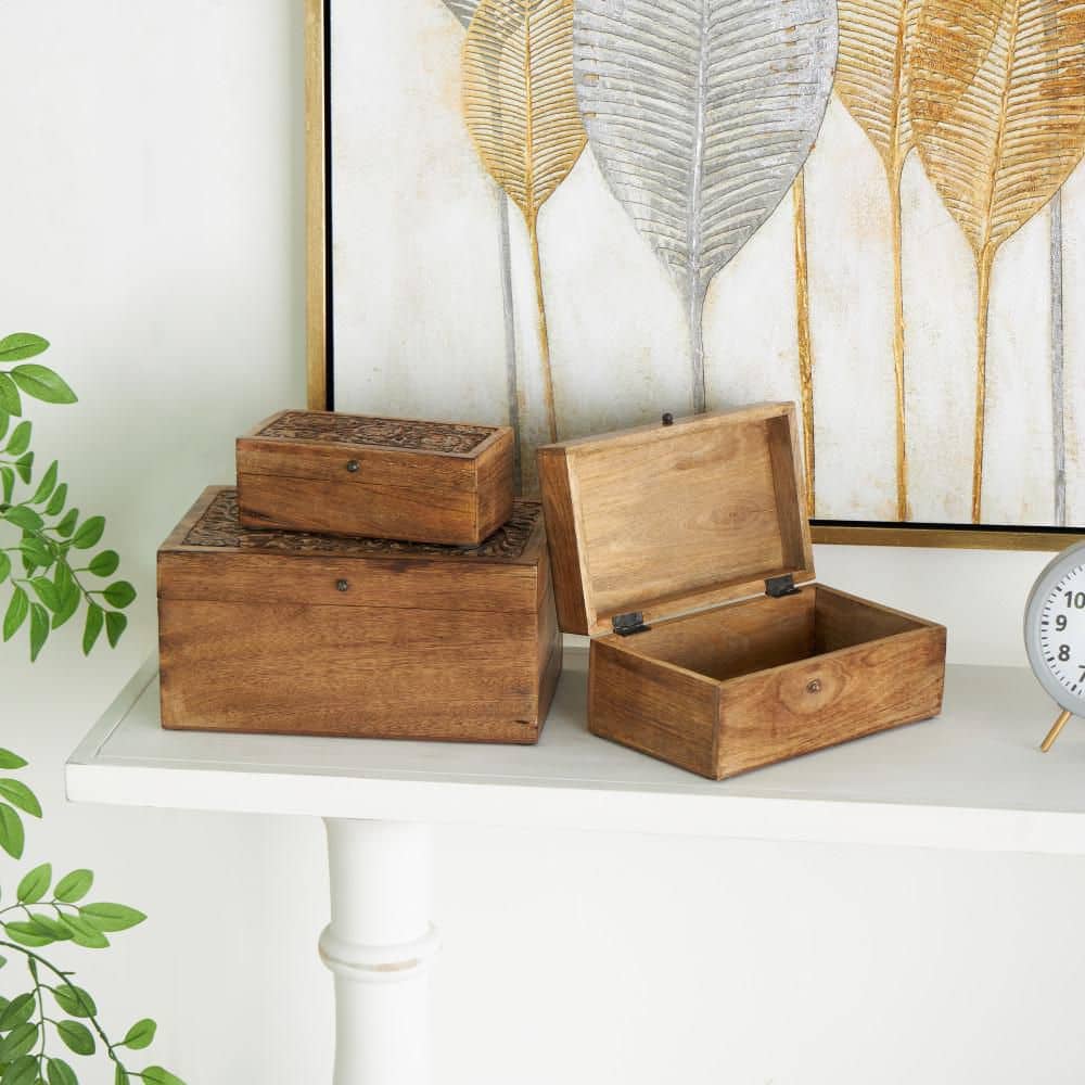 Litton Lane Rectangle Mango Wood Handmade Floral Box with Hinged