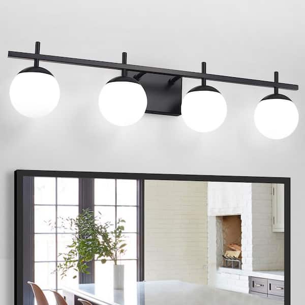 ZSMIHDOH 31.5 in. 4-Light Black Vanity Light with White Frosted Glass Shades