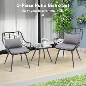 Black 3-Piece Wicker Rattan Outdoor Bistro Set with Gray Cushions, Lumbar Pillow and Square Glass Top Coffee Side Table