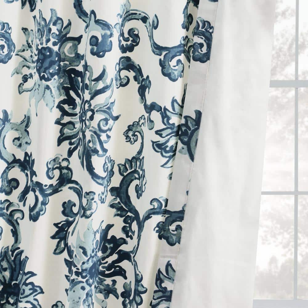 Blue Floral Cotton Room-Darkening Drapes with Hidden Tabs