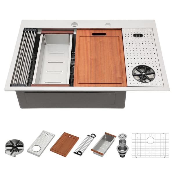 Sarlai 33 in. Drop-in/Topmount Single Bowl 16 Gauge Stainless Steel Workstation Kitchen Sink with Bottom Grid and Rinser