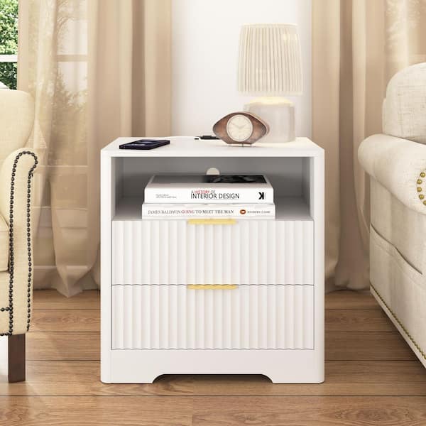 Preston Modern White 2 Drawers Nightstand Bedside Table with Night Light and Charging Station