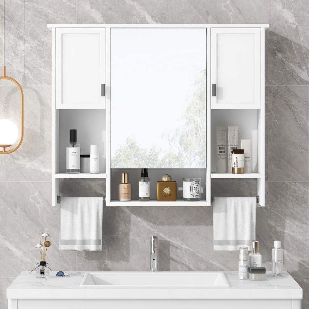 White 35 in. W x 28.7 in. H Rectangular Modern Wall Mounted Medicine Cabinet with Mirror, Towel Bar price history on PriceWatchPro