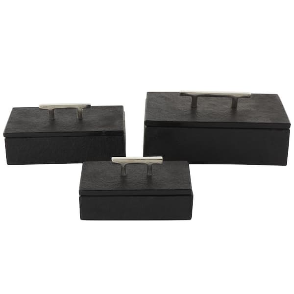Litton Lane Black Rectangle Marble Box with Silver Aluminum Bar Handles (Set of 3)