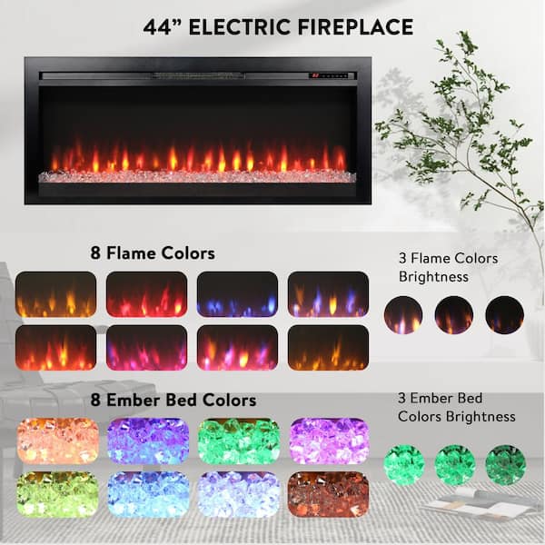 44 in. Wall Mount/Recessed LED Electric Fireplace with Multi-Color Flame, Temperature Adjustment in Black