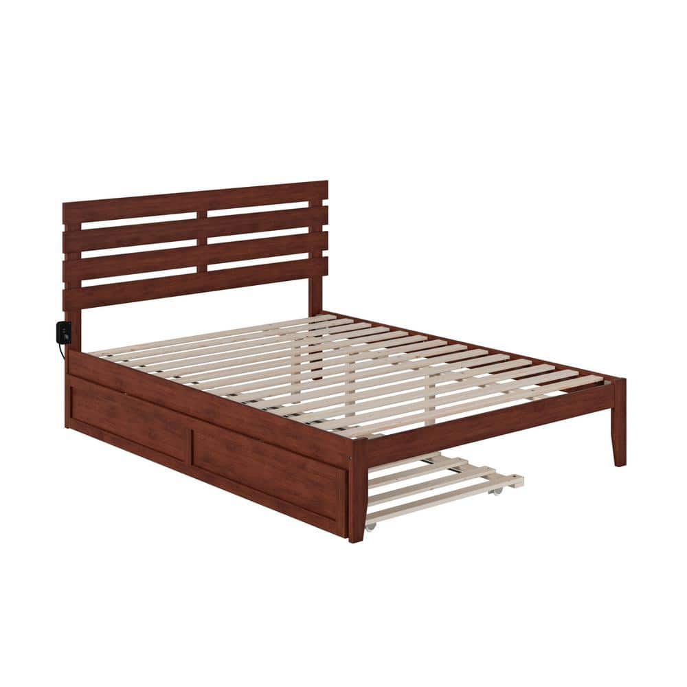 Walnut Queen Upholstered Platform Bed with Wood Headboard and Slats