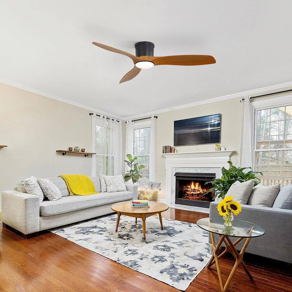 52 in. Indoor/Outdoor Standard Black Flush Mount Brown Blade Ceiling Fan with Dimmable LED Light and Remote Control price history on PriceWatchPro