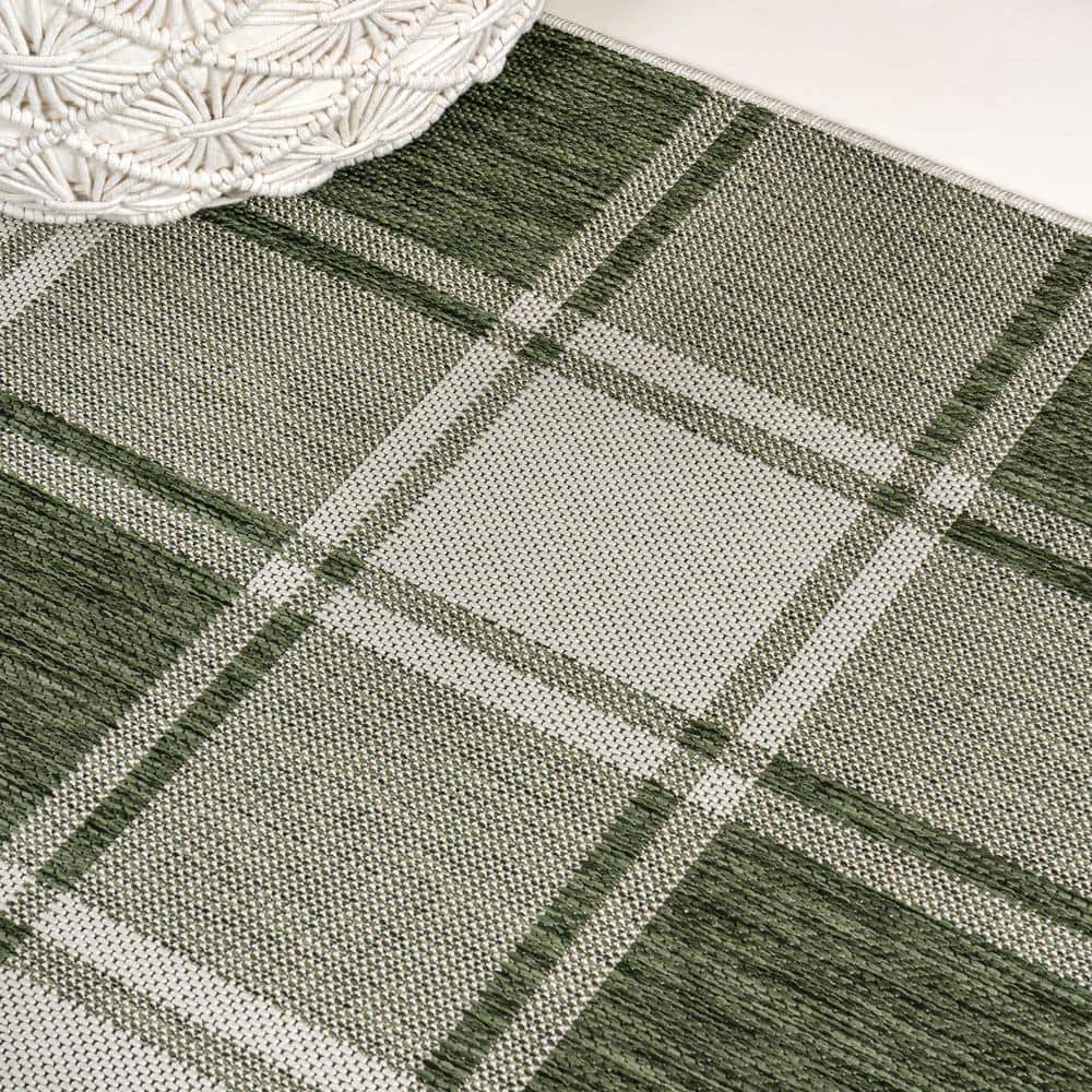 Sabine Green and Cream Synthetic Checkerboard Runner Rug, 2 x 8 ft