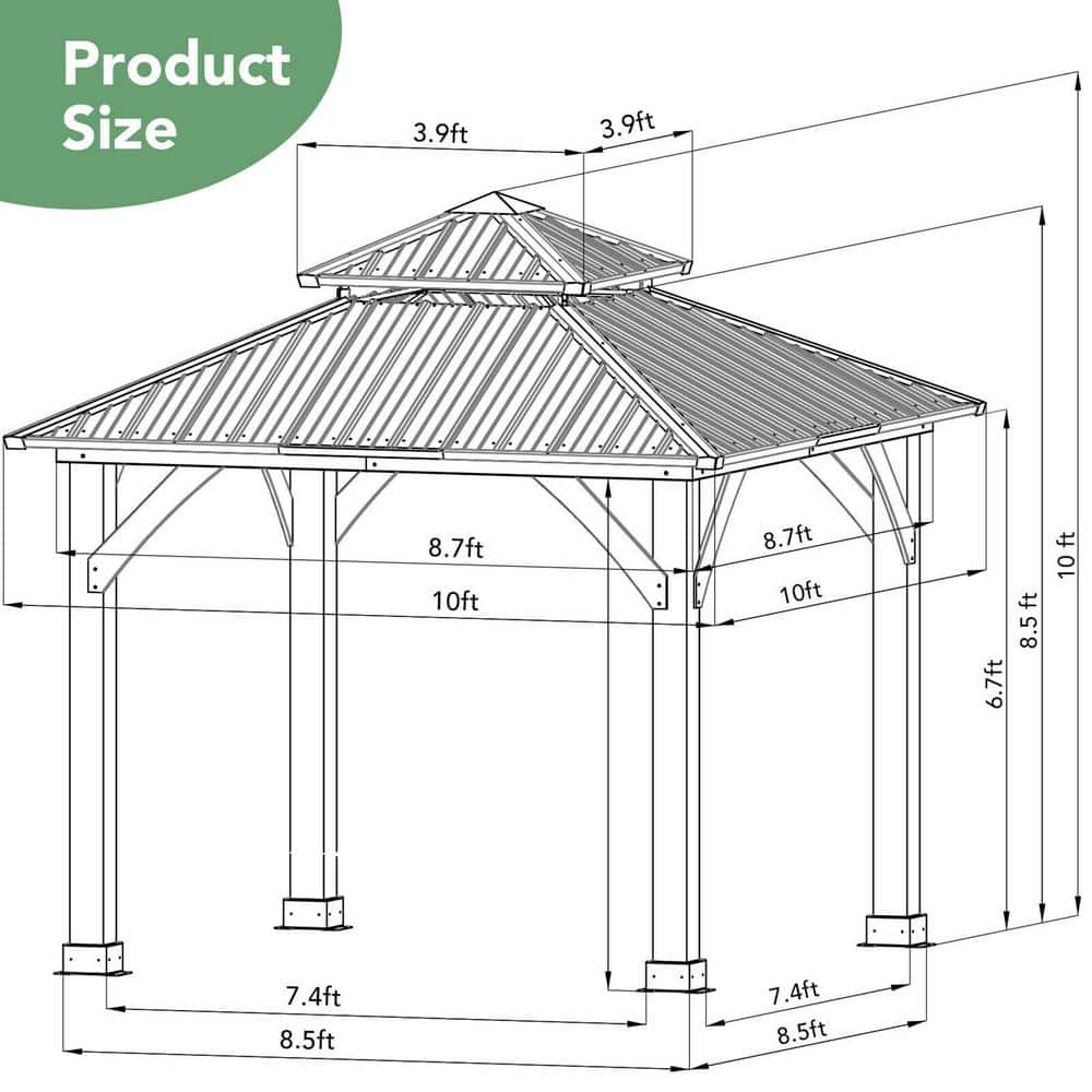 10'x10' Gray Steel Roof Solid Wood Frame Patio Gazebo