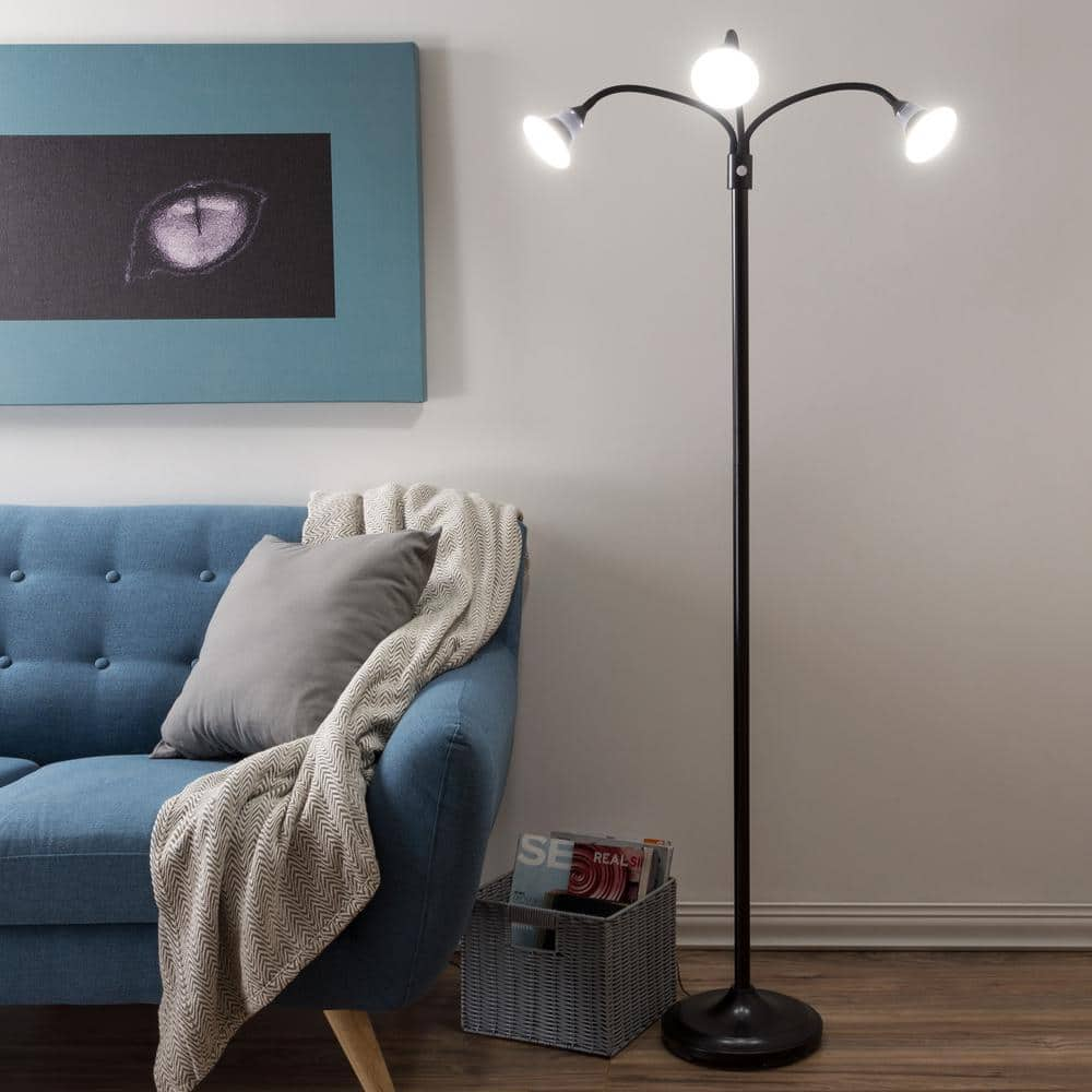 Lavish Home 69 in. Black 3-Headed Floor Lamp with Adjustable Arms ...