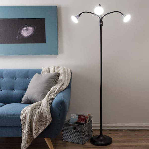 Lavish Home 69 in. Black 3-Headed Floor Lamp with Adjustable Arms