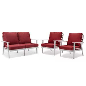 Walbrooke White 3-Piece Aluminum Outdoor Sectional Set with Removable Cushions Loveseat and Set of 2 Armchair, Red