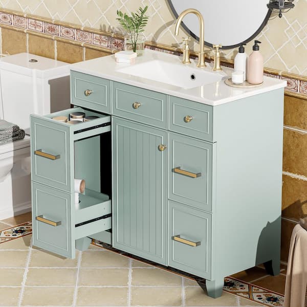 Unbranded 36 in. W x 18.3 in. D x 34 in. H Freestanding Bath Vanity in Green with White Ceramic Top