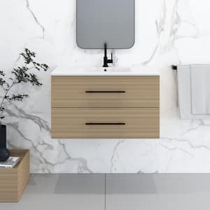 Napa 32 in. W. x 18 in. D Single Sink Bathroom Vanity Wall Mounted in Sand Pine with Ceramic Integrated Countertop