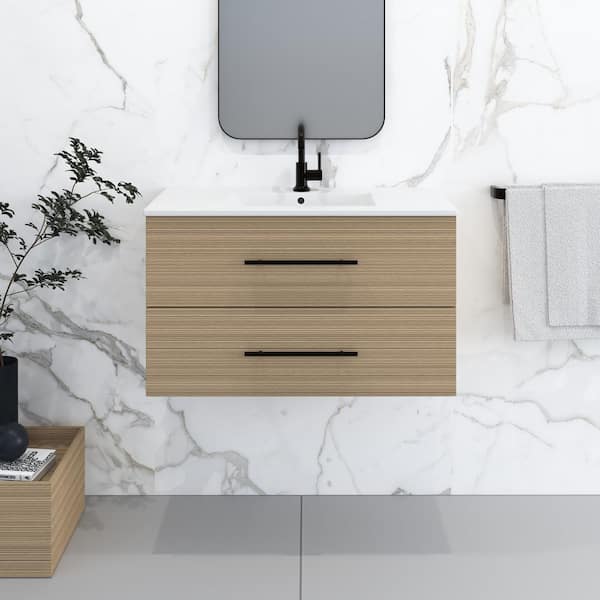 VOLPA USA AMERICAN CRAFTED VANITIES Napa 32 in. W. x 18 in. D Single Sink Bathroom Vanity Wall Mounted in Sand Pine with Ceramic Integrated Countertop