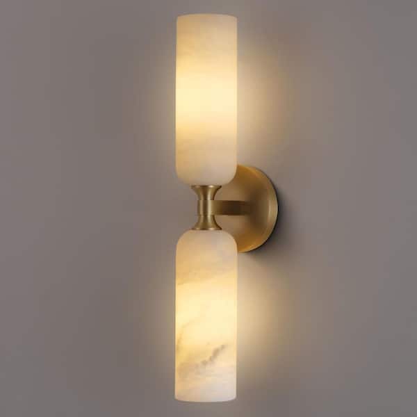 20 in. 2-Light Dimmable Brass Bathroom Wall Sconce, Alabaster Vanity Sconce for Bedrooms, Living Room, Hallway (1-Pack)