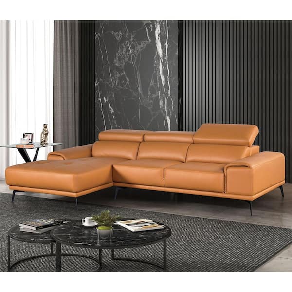 Auty 110.5 in. Padded Arms Leather L-Shaped Left-Chaise Sectional Sofa in. Tangerine with Adjustable Headrest